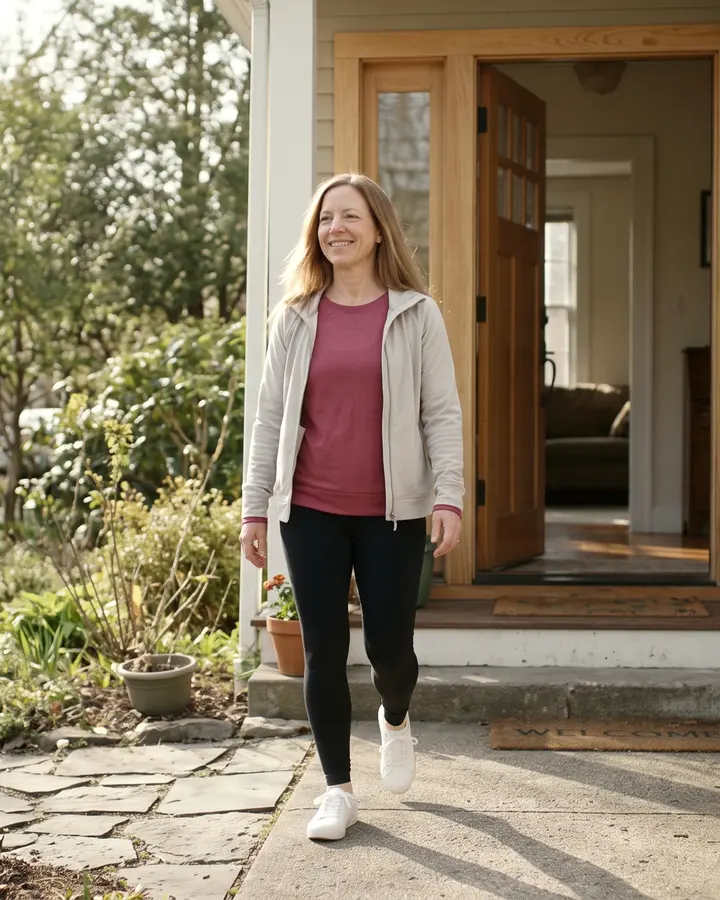 A woman walks out of her front door and down the path, smiling.