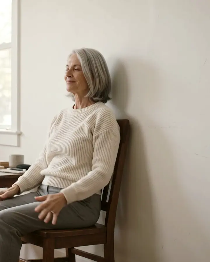 A woman with silver hair sits calmly on a chair against the wall, hands resting on her thighs.