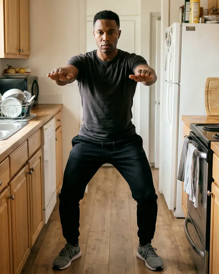 A man does a bodyweight squat in his kitchen.