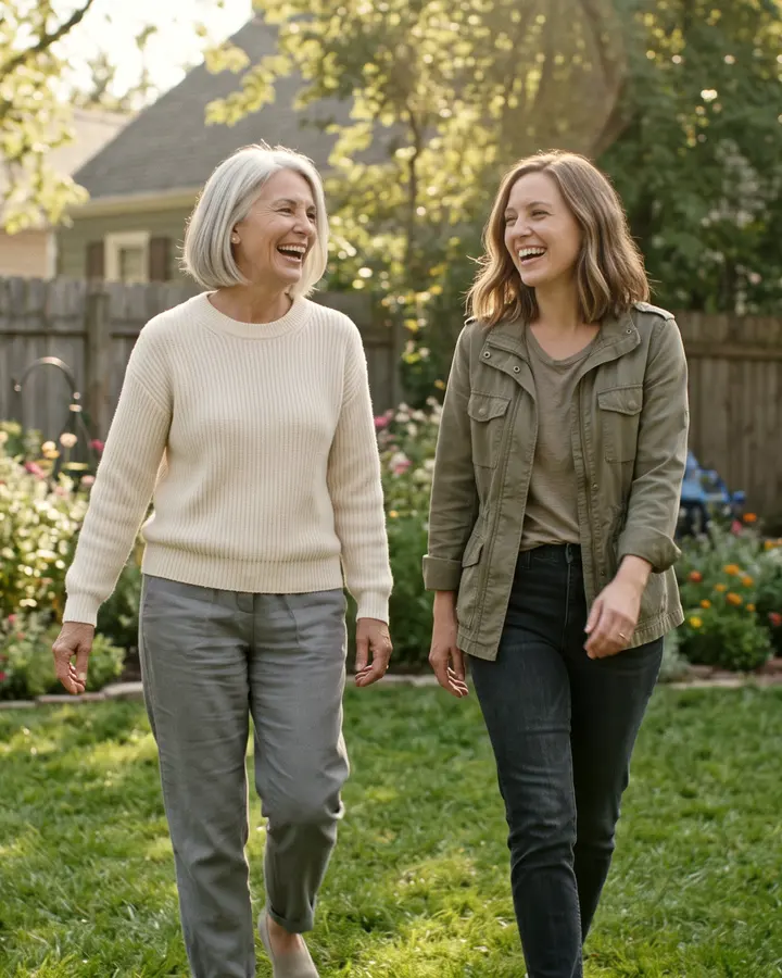 A woman with silver hair walks across the lawn with her grown daughter.