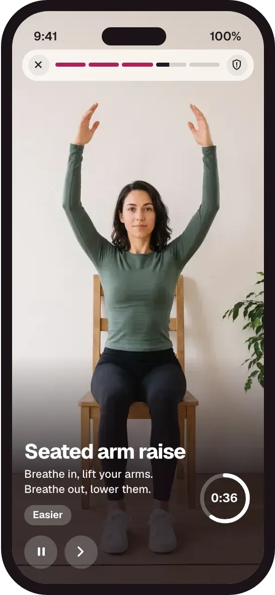 Move 4 of 5, Seated arm raise: breathe in and lift your arms, breathe out and lower them. 36 seconds left.
